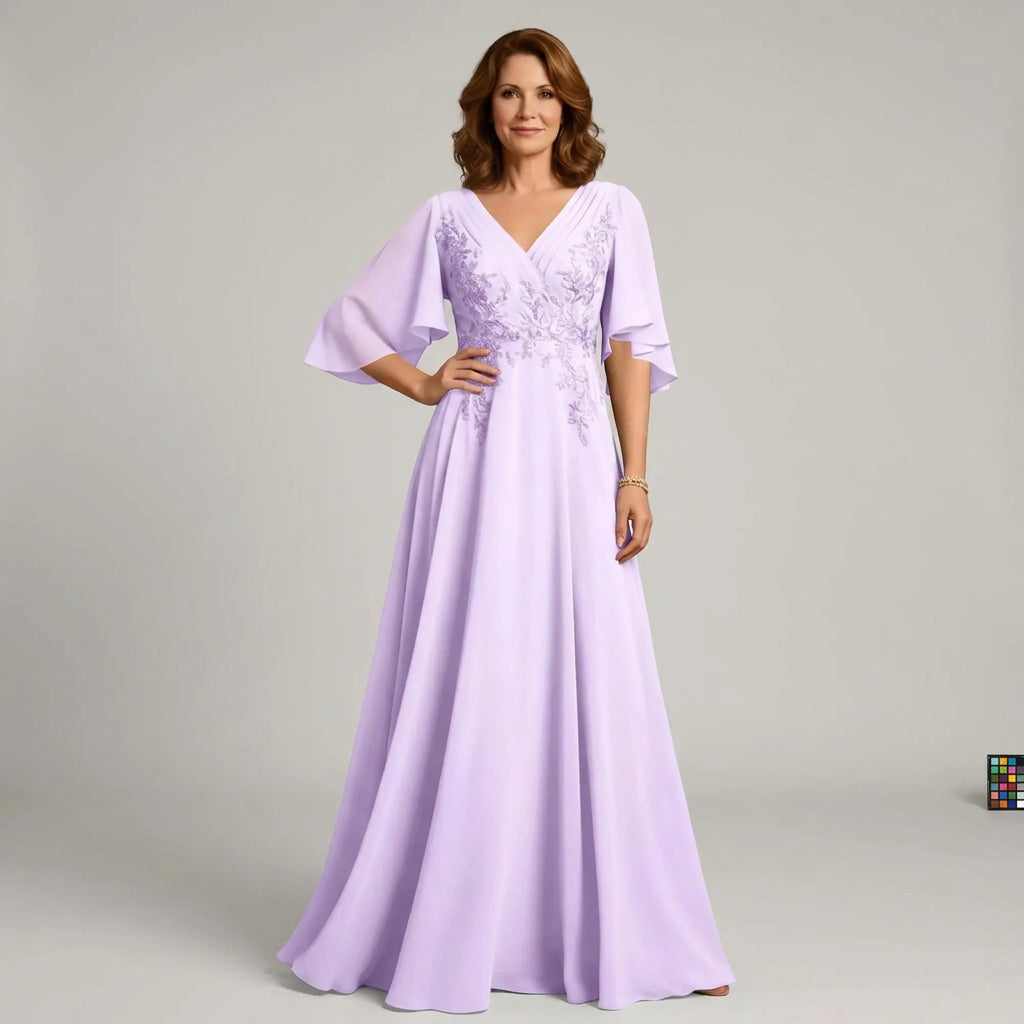 V-Neck Lace Applique Chiffon A-Line Mother of the Bride Gown