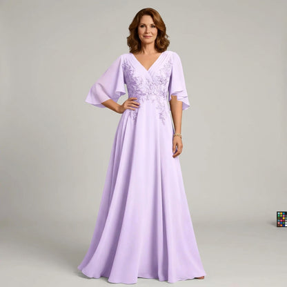 V-Neck Lace Applique Chiffon A-Line Mother of the Bride Gown