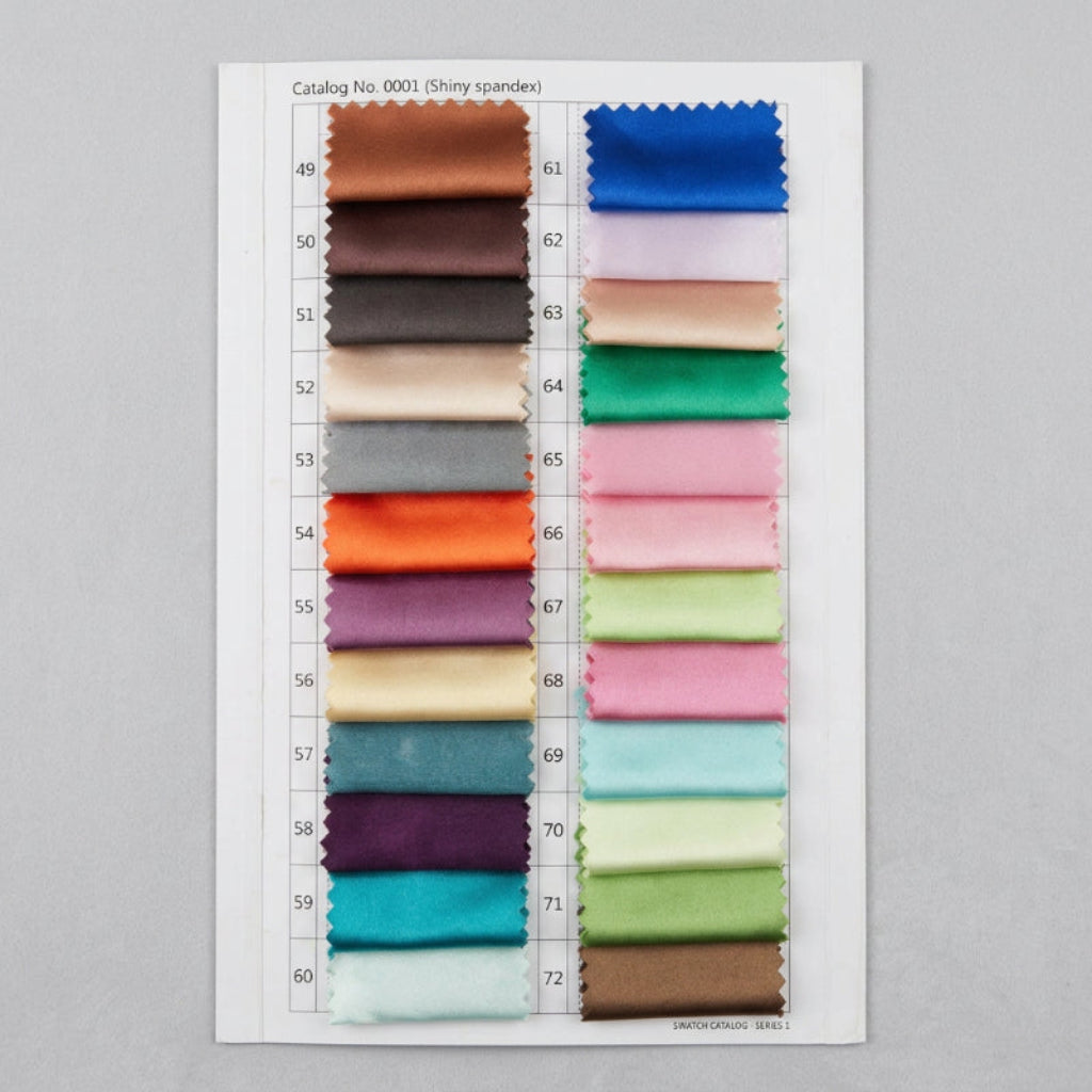 Satin fabric swatches with catalog number 0001 and assorted solid colors