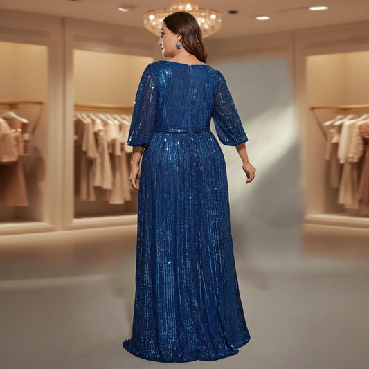 Blue plus size V-neck sequin evening dress, pleated full-length back view with 3/4 sleeves