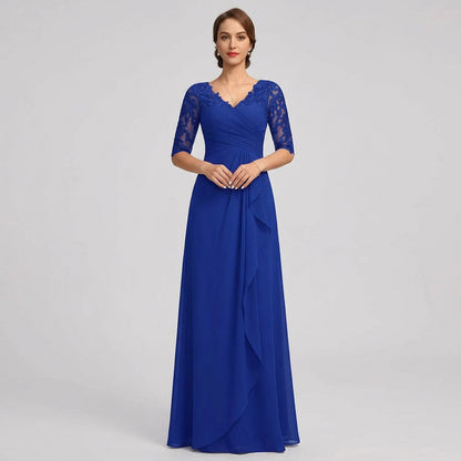 Royal blue lace-sleeve V-neck chiffon A-line evening gown