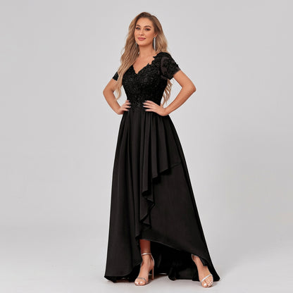 Black chiffon high-low mother-of-the-bride dress with lace V-neck bodice and asym hem