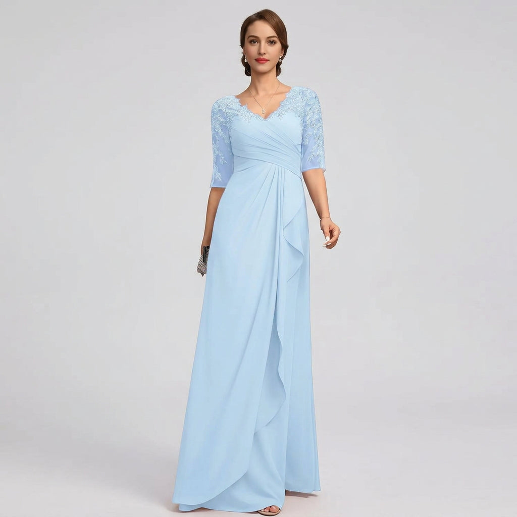 Light blue V-neck A-line chiffon gown with lace applique and elbow sleeves