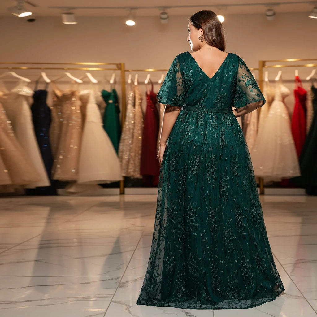 Dark green lace maxi evening dress back view with V-back and short puff sleeves