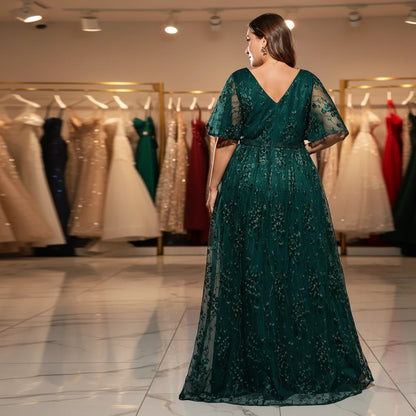 Dark green lace maxi evening dress back view with V-back and short puff sleeves