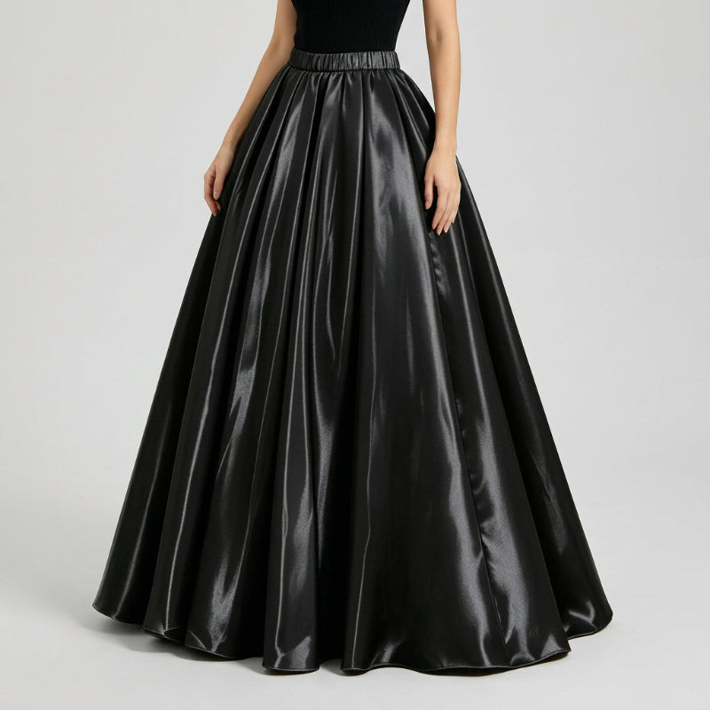 Glossy satin maxi skirt in black with elastic waistband and gathered pleat texture