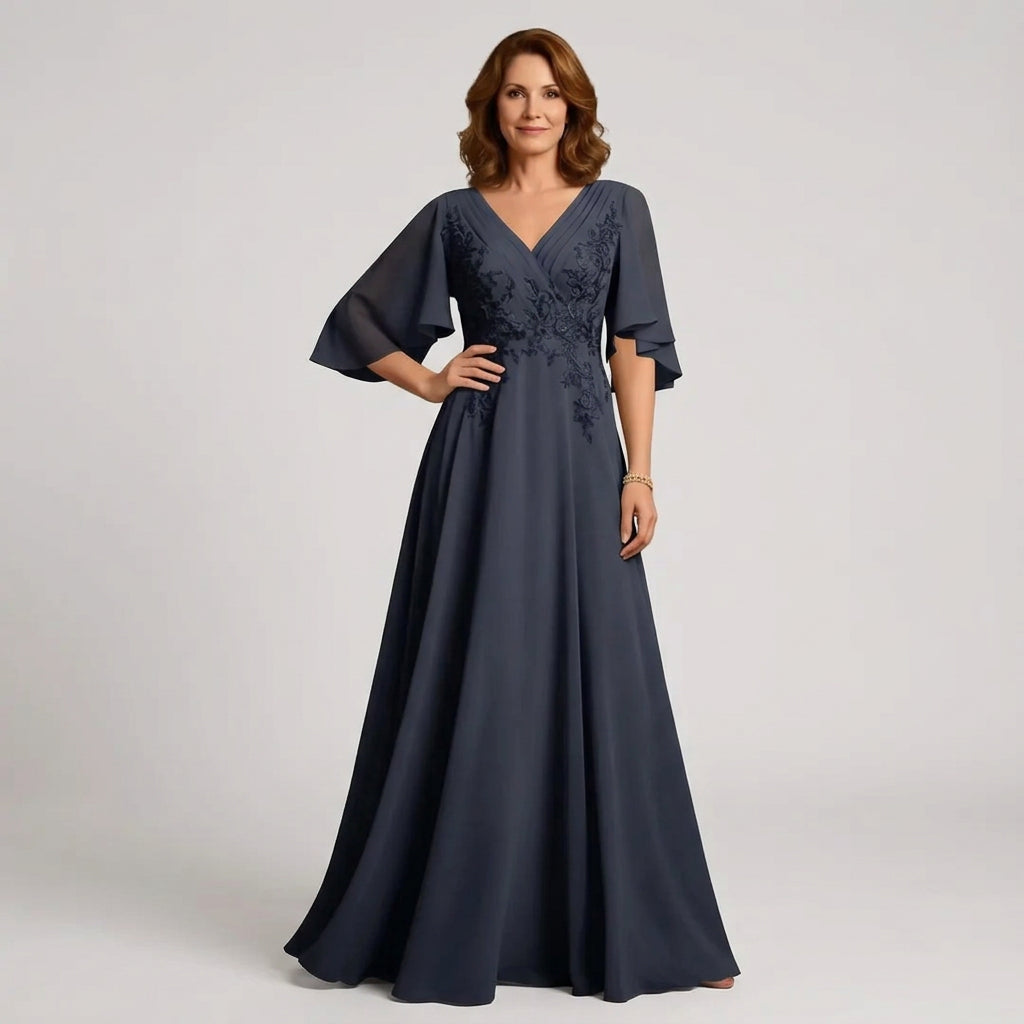 V-Neck Lace Applique Chiffon A-Line Mother of the Bride Gown