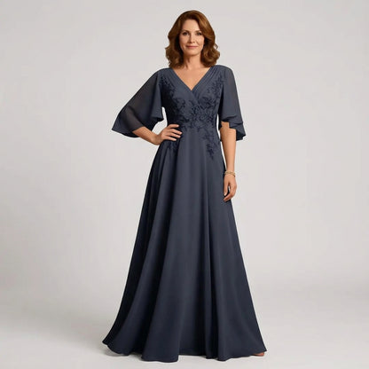 V-Neck Lace Applique Chiffon A-Line Mother of the Bride Gown