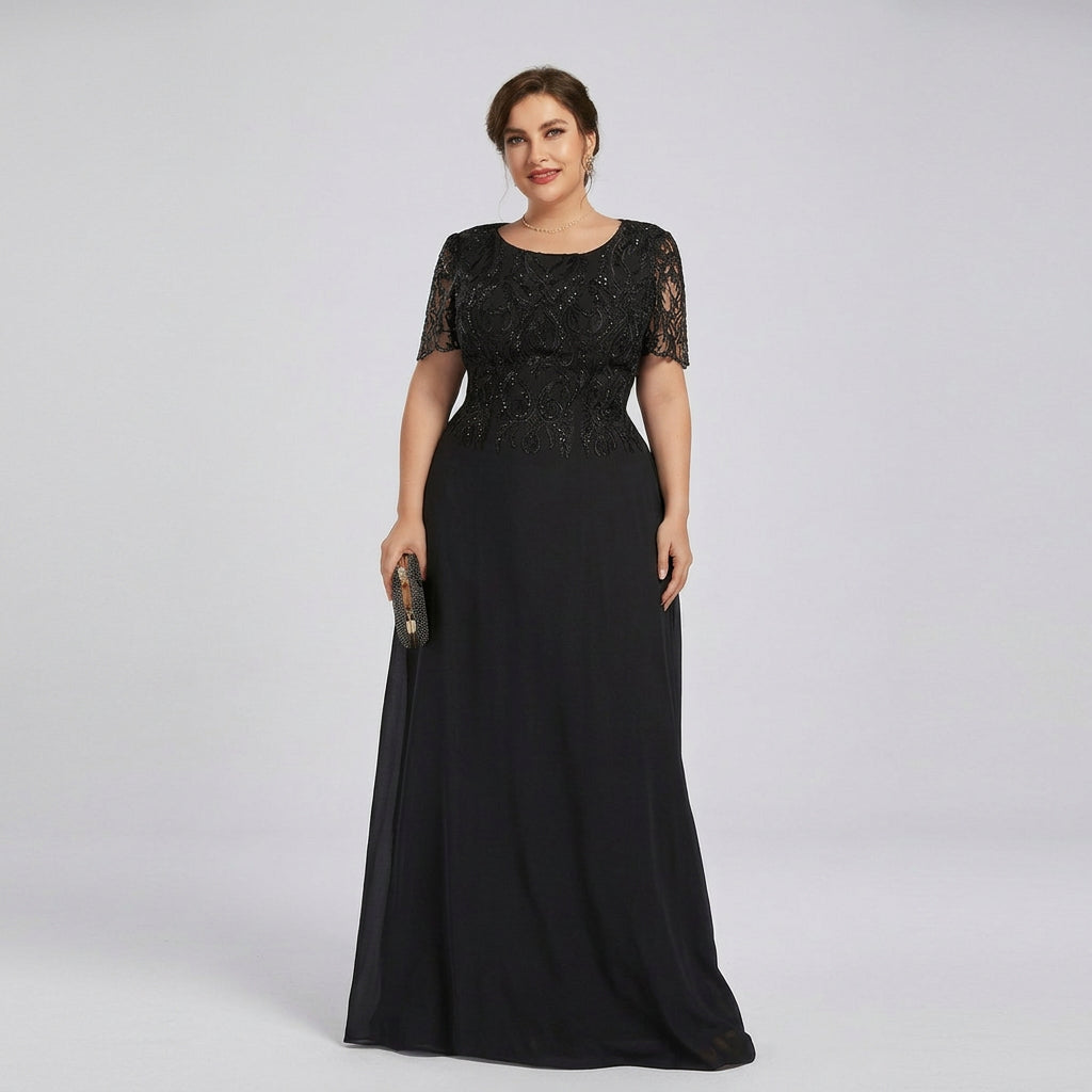 Black lace A-line dress with short sleeves and long chiffon skirt