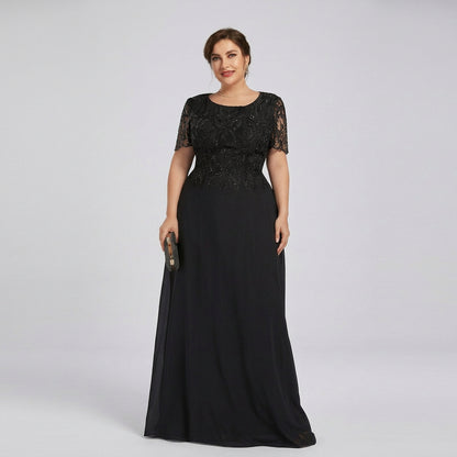 Black lace A-line dress with short sleeves and long chiffon skirt