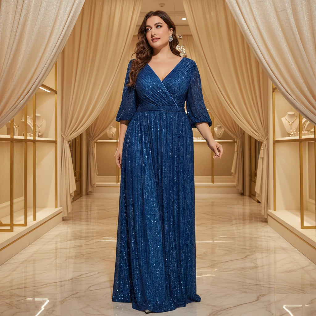 Blue plus size V-neck sequin evening dress with pleated shimmer and 3/4 sleeves