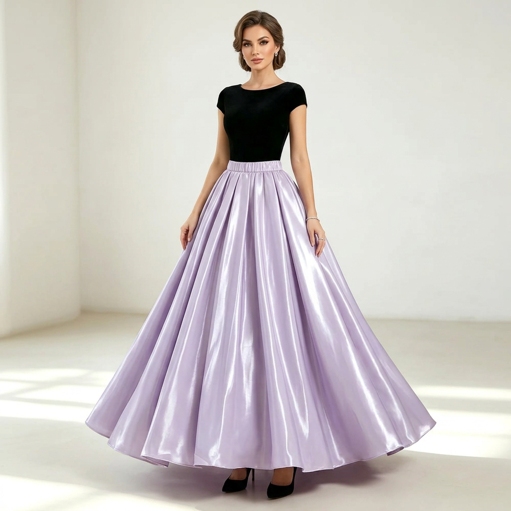 Lavender glossy satin maxi skirt with elastic waistband and wide pleated panels
