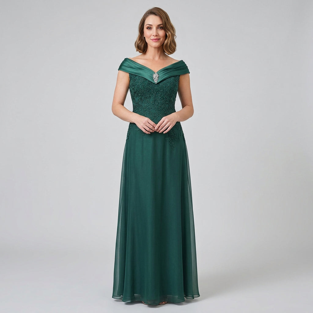 Teal off-shoulder satin gown with embroidered bodice and full-length skirt