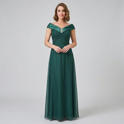 Teal off-shoulder satin gown with embroidered bodice and full-length skirt