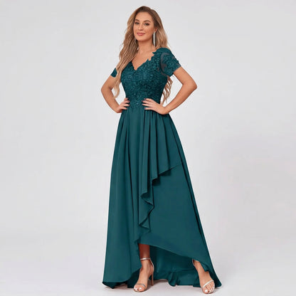 Peacock green V-neck lace chiffon high-low dress with short sleeves and fluttering side hem