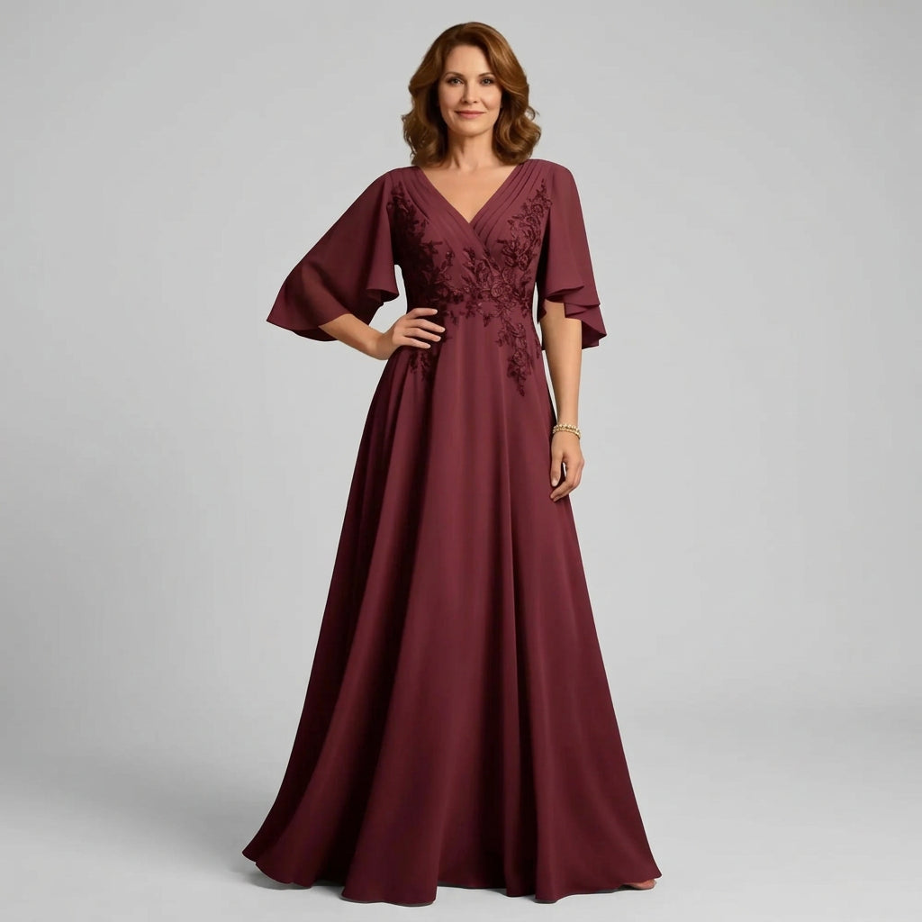 V-Neck Lace Applique Chiffon A-Line Mother of the Bride Gown