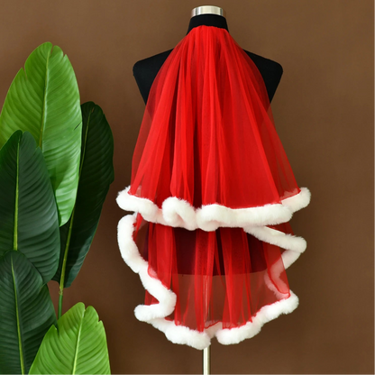 Red tulle party veil with white faux-fur trim, pleated skirt style