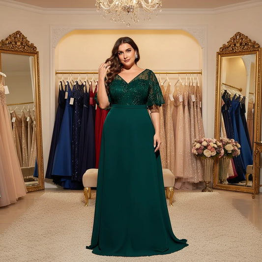 Plus size green chiffon lace evening dress, V-neck with flutter lace sleeves, A-line skirt