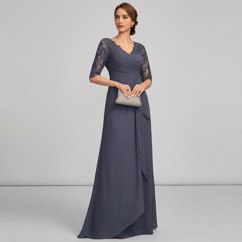 Midnight blue lace applique chiffon gown with V-neck, short sleeves, and flowing skirt