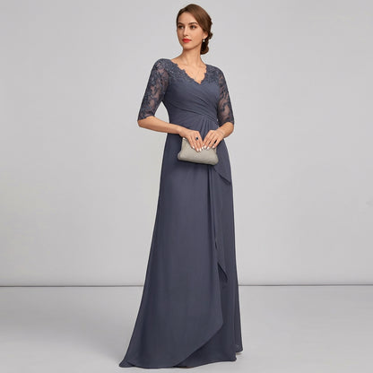 Midnight blue lace applique chiffon gown with V-neck, short sleeves, and flowing skirt