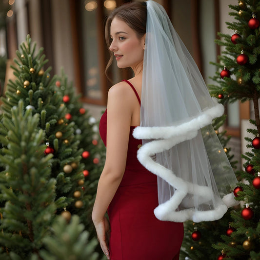 Light blue tulle party veil with white faux-fur trim, worn over a red dress