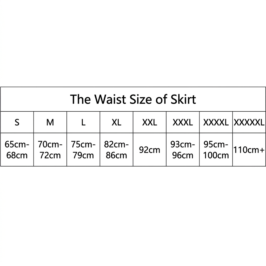 Wedding skirt waist size chart listing sizes S to XXXXXL and waist measurements