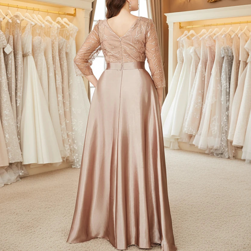 Champagne plus size party dress with lace long sleeves and draped maxi skirt