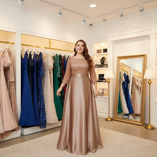 Champagne plus size party dress with lace long sleeves and round neckline