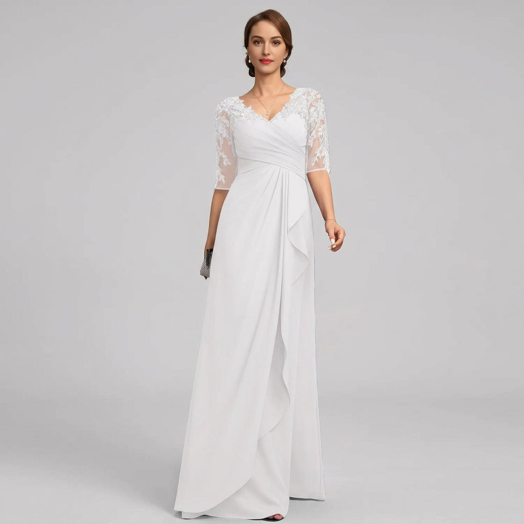 Lace applique chiffon mother of the bride dress with V-neck and three-quarter sleeves