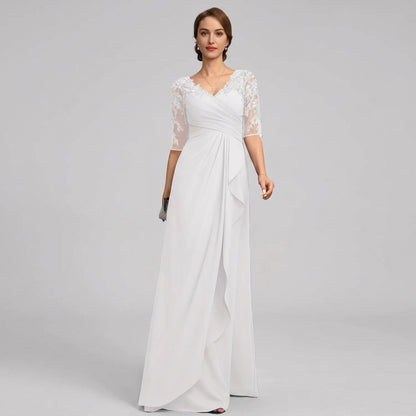Lace applique chiffon mother of the bride dress with V-neck and three-quarter sleeves