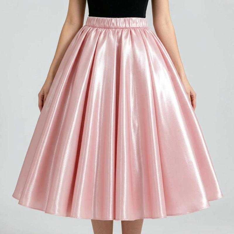 Glossy satin elastic-waist maxi skirt in pale rose with pleated gathered flare