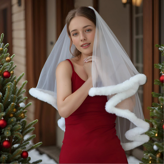 Light blue tulle party veil with white faux-fur trim, draped over the head
