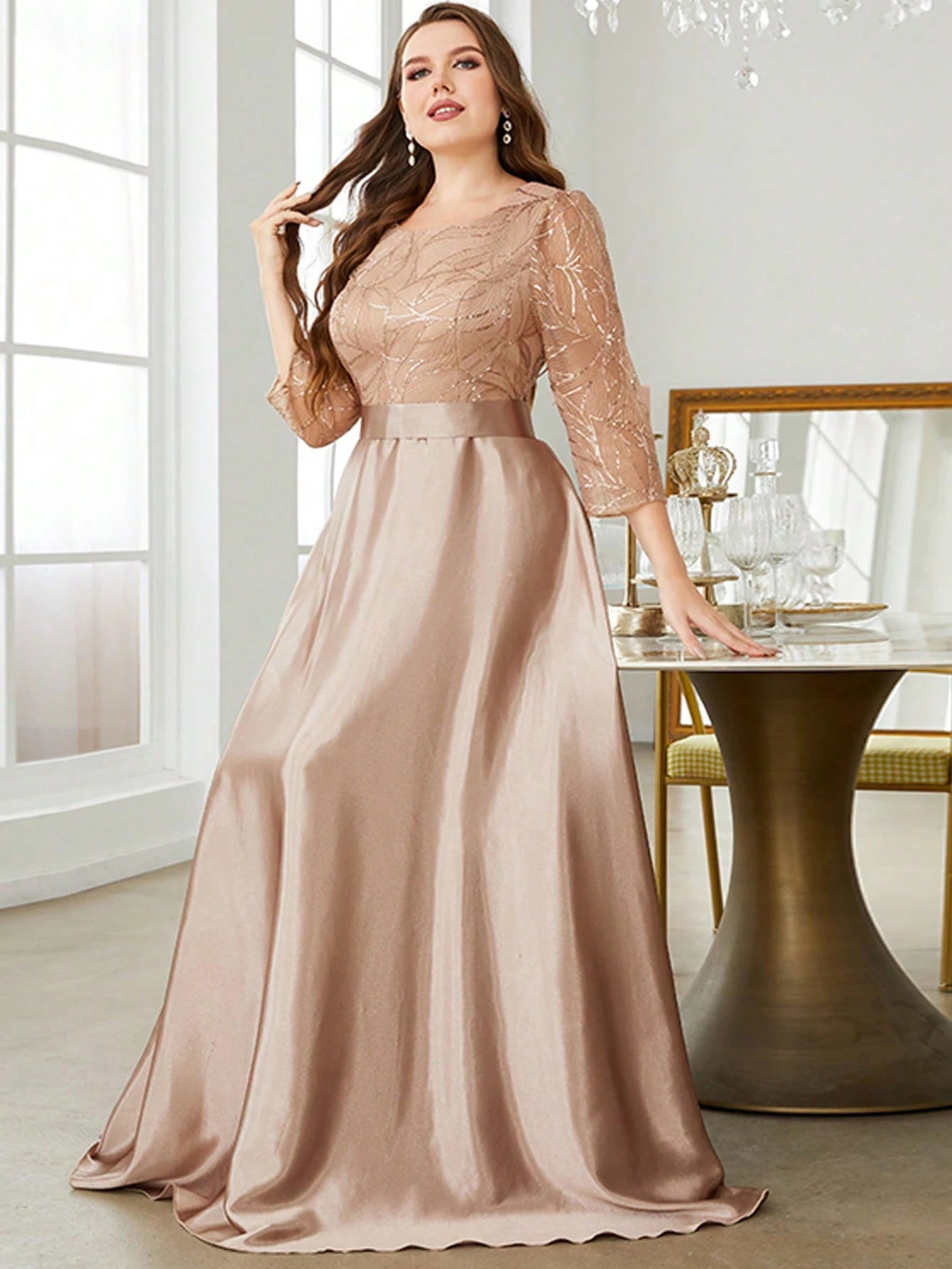 Champagne satin plus size party dress with lace sleeves, round neckline, maxi skirt