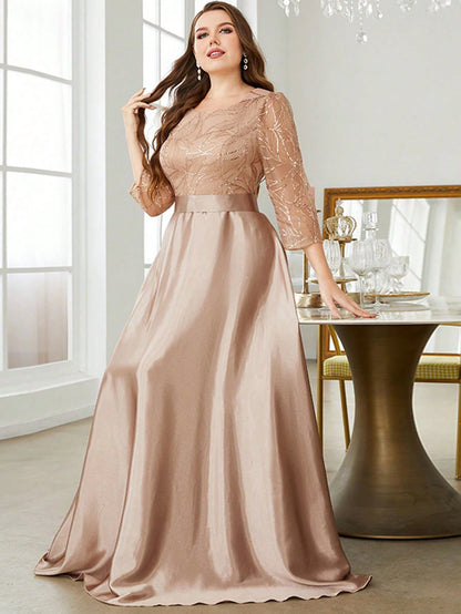 Champagne satin plus size party dress with lace sleeves, round neckline, maxi skirt