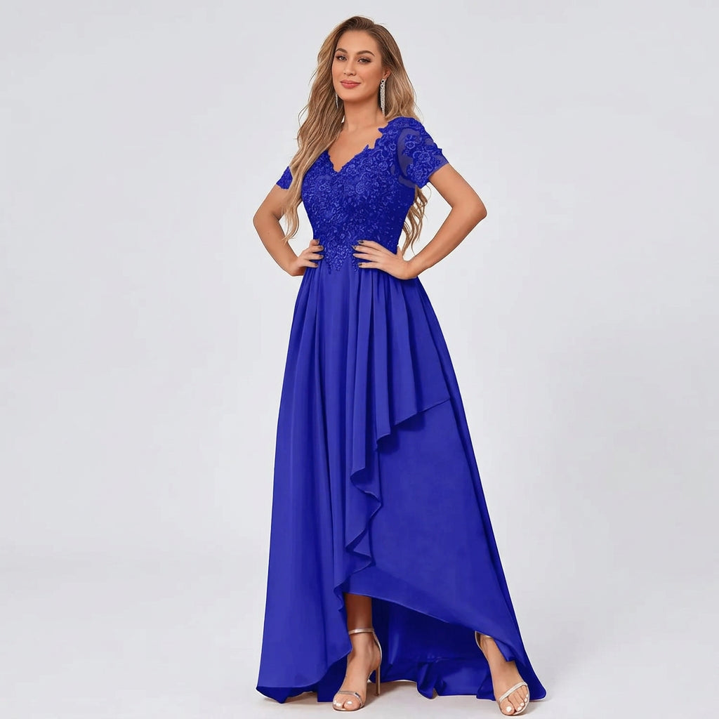 Royal blue chiffon high-low mother-of-the-bride dress with lace V-neck bodice and flutter hem