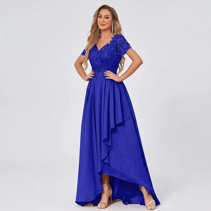 Royal blue chiffon high-low mother-of-the-bride dress with lace V-neck bodice and flutter hem