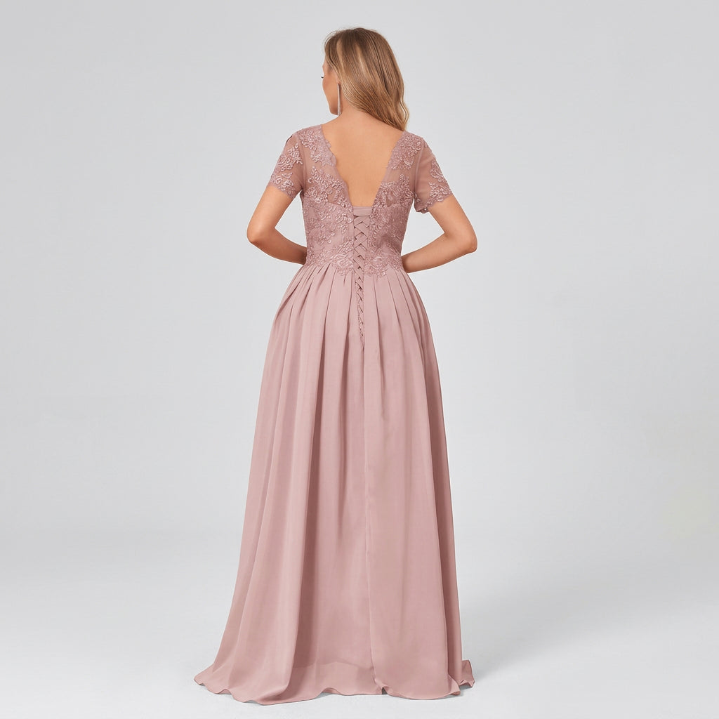 Blush chiffon high-low mother-of-the-bride dress with lace cap sleeves and gathered skirt
