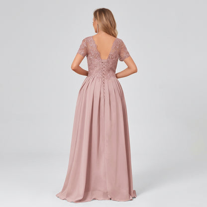 Blush chiffon high-low mother-of-the-bride dress with lace cap sleeves and gathered skirt