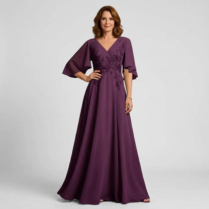 V-Neck Lace Applique Chiffon A-Line Mother of the Bride Gown