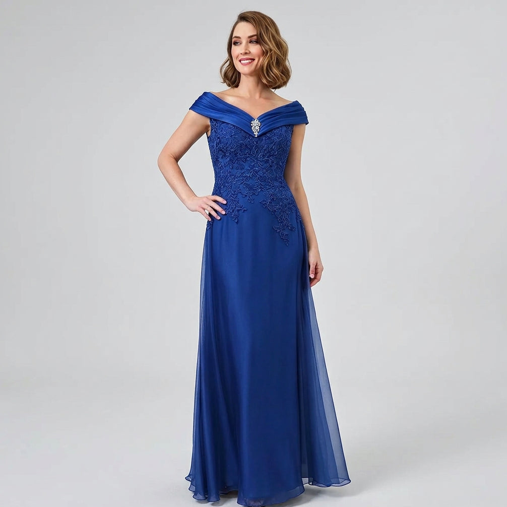 Royal blue off-shoulder satin gown with embroidered bodice and pleated floor-length skirt