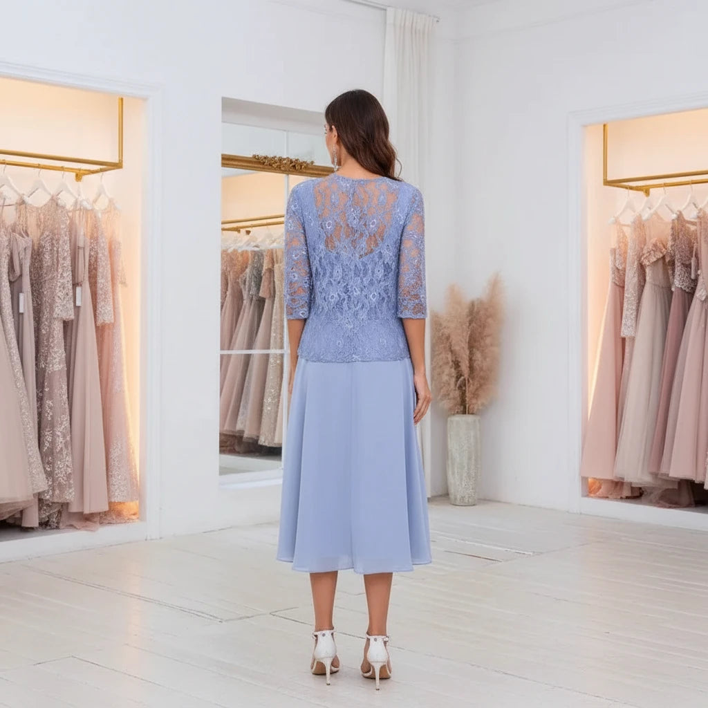 Light blue two-piece chiffon dress back view with lace bodice and midi A-line skirt