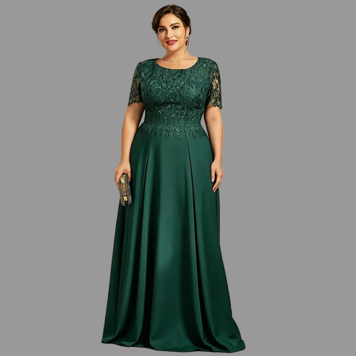Green lace A-line dress with short sleeves and long flowing chiffon skirt