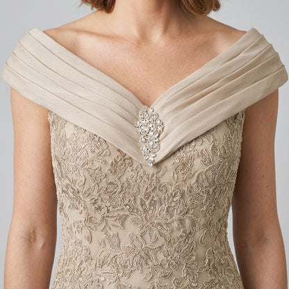 Champagne lace-embellished off-shoulder bodice with jeweled neckline ornament
