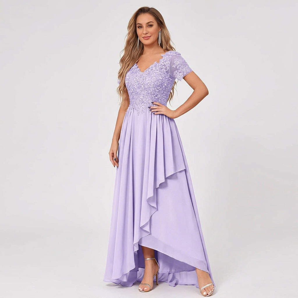 Light purple V-neck lace chiffon high-low dress with short sleeves and draped hem