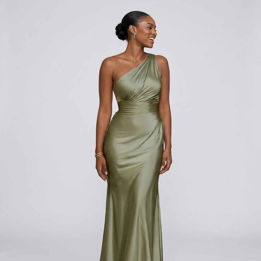 Sage green satin bridesmaid dress with one-shoulder halter neckline and front slit