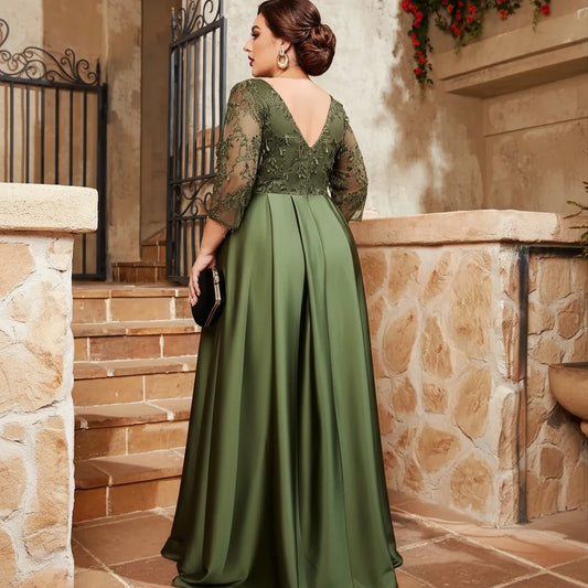 Back view of sage green satin dress with lace V-back and full gathered skirt