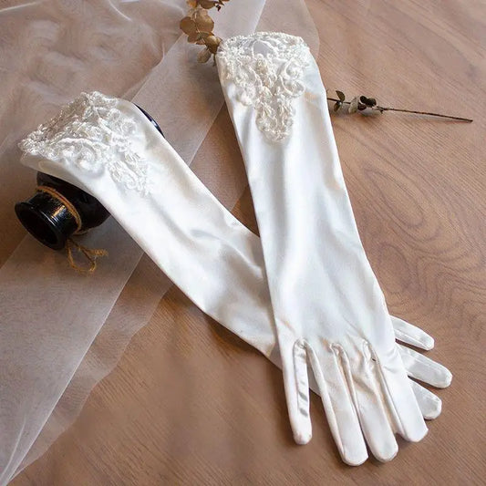 Long bridal satin gloves with lace applique, white