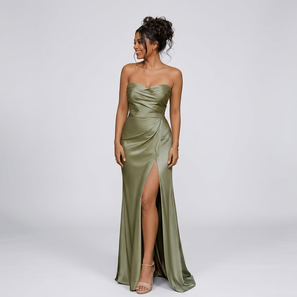 Sage green satin bridesmaid dress with sweetheart bodice twist and front slit