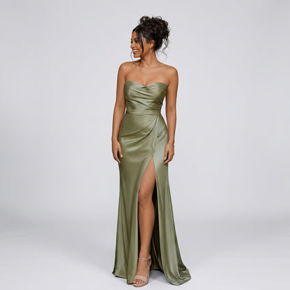 Sage green satin bridesmaid dress with sweetheart bodice twist and front slit