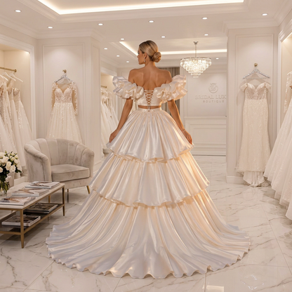 Back view of a champagne satin wedding skirt with cascading ruffled tiers and a long train